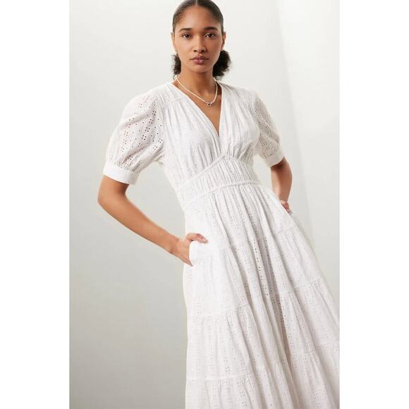 Joe’s Jeans Illana Broderie Dress White Eyelet V-Neck Midi Cotton Sz L - Picture 2 of 8